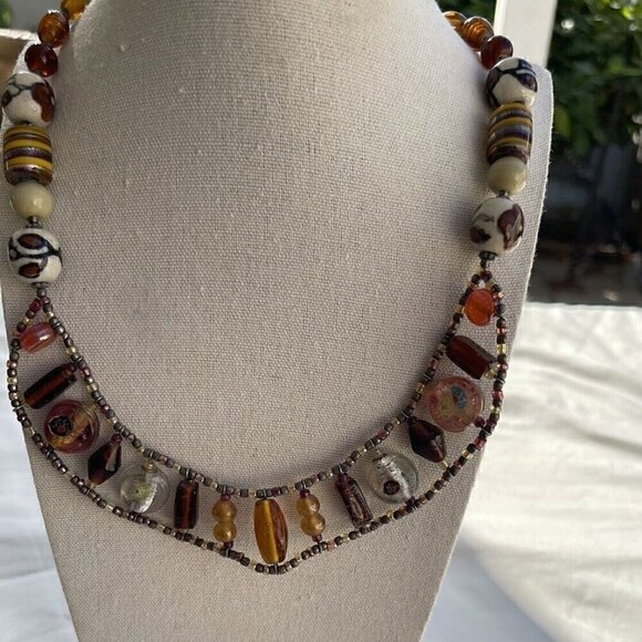 Vintage Amber & Glass Faceted Bead and Porcelain Flower Boho Necklace 21 inches - Picture 2 of 15